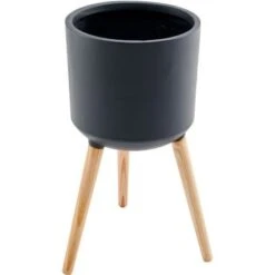 Pot De Fibre De Ciment Avec MDF Pieds En Bois - 34 X 34 X 70 Cm - Gris