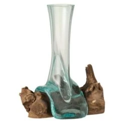 Vase Verre Et Pied Bois Recyclé Azura H 19 Cm